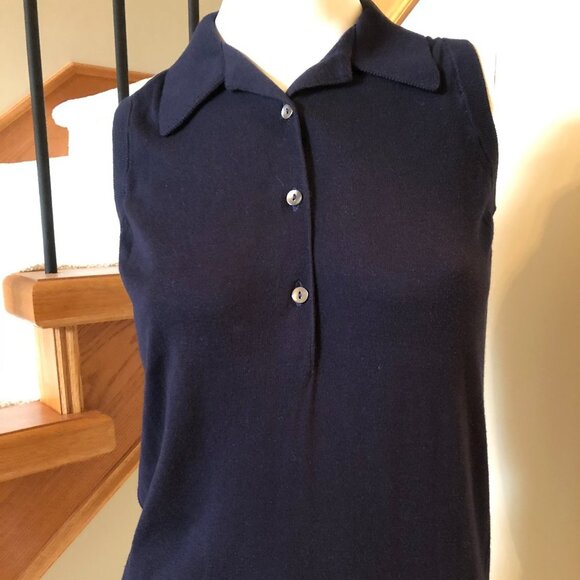 Aquascutum Vintage Sleeveless Collared 3 Button Cotton Polo Knit Top Navy Sz M - Picture 1 of 6